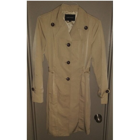 Nine West Rain Coat Belted Buttoned Side Pockets Light Tan Medium - Picture 1 of 6
